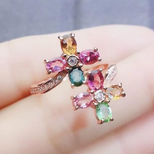 Natural real colorful tourmaline flower ring Per jewelry 0.25ct*8pcs gemstone 925 sterling silver Fine jewelry J21556