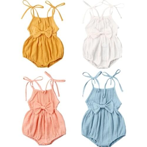 2020 Baby Summer Clothes Newborn Baby Girl Cute Clothes Srap Romper Cotton Linen Solid Jumpsuit Bowknot Outfits Set Soft 0-24M