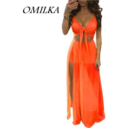 OMILKA 2 Piece Crop Top and Long Split Skirts Sets 2019 Summer Women Strap Bandage Hollow Out Beach Bandage 2 Piece Outfits Set
