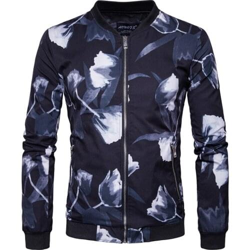 Fashion men baseball jacket Spring autumn Flower print Bomber jacket mens Stand collar Casual coat New Male outerwear USA size