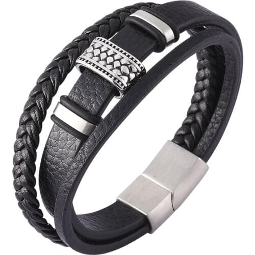 Fashion Men Jewelry Black Multilayer Braided Leather Rope Bracelet Punk Stainless Steel Magnet Buckle Bracelets Wristband SP0445
