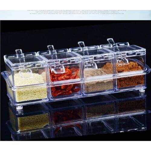 Four pieces set grid kitchen seasoning box set crystal transparent jar salt and sugar creative seasoning with spoon box Acrylic