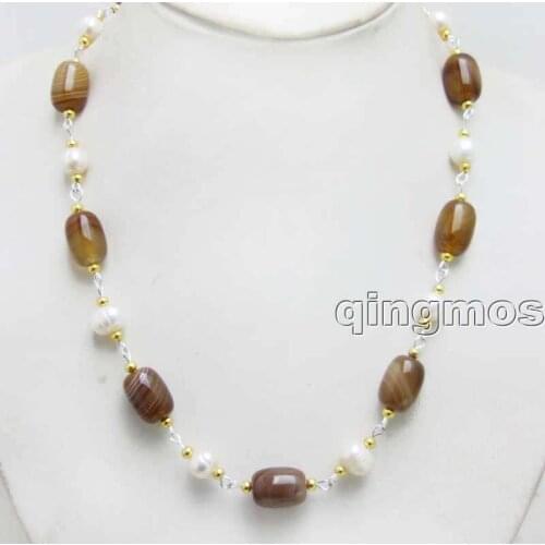 Natural Big 12*16mm Barrel Shape Brown Striped Bostwana Agates and 9-10mm White Pearl 21'' Necklace-nec6449 Free shipping