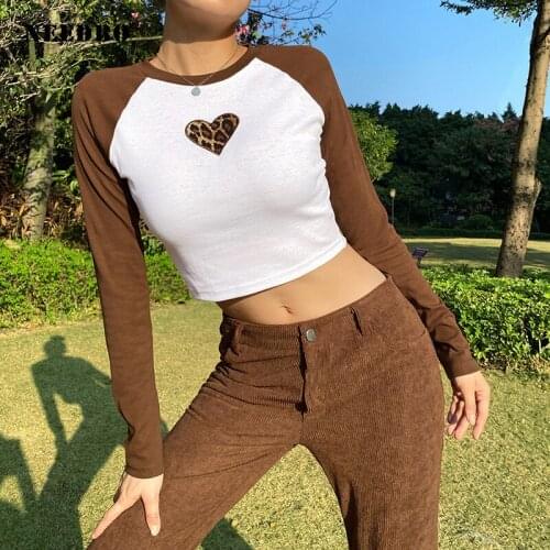 NEEDBO Leopard Print Heart Embroidery Women Tops Slim Short Cropped T-shirt 2021 Harajuku Patchwork Long Sleeve Top Fashion