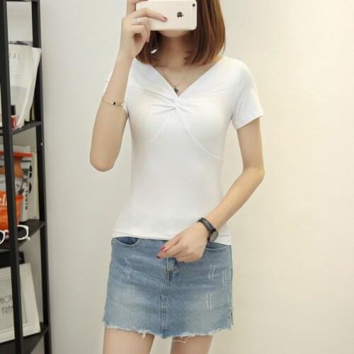 MRMT 2021 Brand New Womens T Shirt Solid Color V Collar Short Sleeve Cotton Ladies Slim T-shirt for Female Tops T-shirt