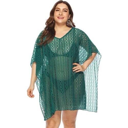 New Sexy Plus Size Beach Cover Up Dress Women Swimwear Green Lace Cover Up Pareo sortie de plage femme Suit Summer Beachwear 4XL