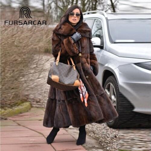 FURSARCAR 2020 New Arrival Luxury Natural Mink Fur Coat Women With Big Turn-down Collar 120 CM Long Real Mink Fur Female Coat