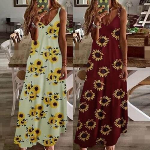 Printed Maxi Dresses Sexy Sleeveless Summer Dress Casual V Neck Women Suspender A-line Skirt Beach Backless Long Dress Vestidos