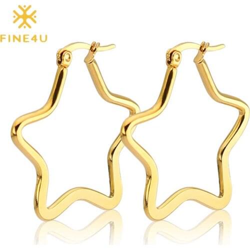 FINE4U E197 Stainless Steel Star Hoop Earrings Large Shaped Hypoallergenic Lightweight Statement Drop Dangle Earrings for Women