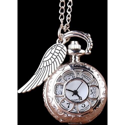 Shining Silver Pocket Watch Mini Carving Wings Vintage Quartz Pocket Watch Necklace Chain Pendant watch Gifts Relogio De Bolso