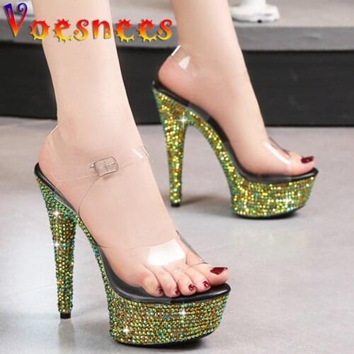 Nightclub Transparent Women Shoes Bling Chunky Heel Sandals Summer New Platform Rhinestones High Heels Crystal Party Dress Shoes
