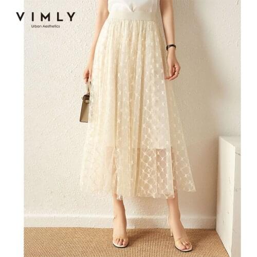 VIMLY Summer Skirts For Women Elegant Plaid Mesh Skirts Office Lady Elastic Waist Pleated Skirt Korean Women Apricot Skirt F8066