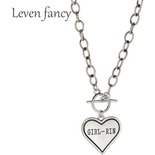 Vintage S925 Sterling Silver Simple Heart Pendant with Love Ot Clasp Rock Link Chain Hip Hop Japan Design Necklace for Girls