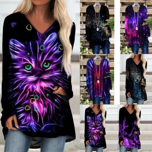 Print 3D Cat T-Shirt for Women Casual Loose Pullover Tunic 2021 Autumn New Streetwear Fashion V-Neck Long Sleeve Midi Top Tee