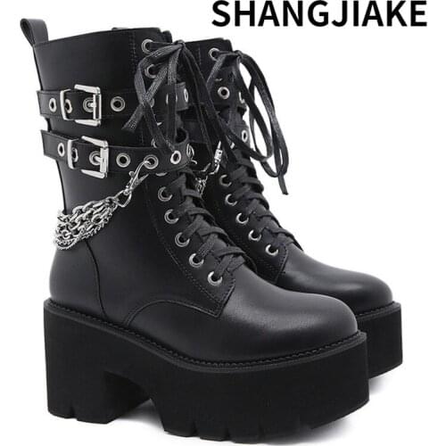 New sexy chain womens leather spring autumn boots thick heel Gothic black punk style platform shoes womens shoes high quality