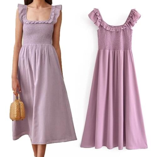 2021 Summer Women New Fashion Print Long Dress Za Female Casual Butterfly Sleeve Square Collar Slim Waist Chic Dress Purple