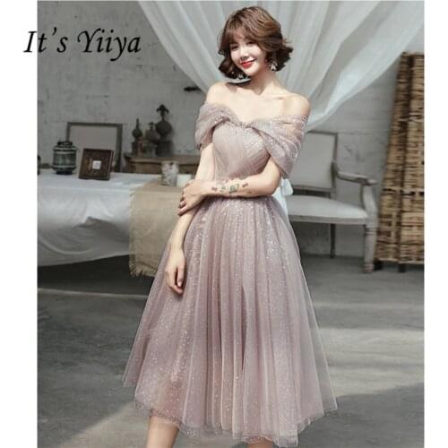 Its YiiYa Cocktail Dress Elegant Boat Neck Women Party Dresses Off Shoulde Plus Size Shining Tea Length Robe De Soiree E886