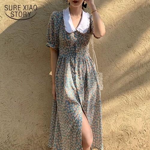 Women Chiffon Dress 2021 Summer Fashion Female Puff Sleeve Vintage Floral Print Peter Pan Collar Boho Robe Casual Vestidos 14036