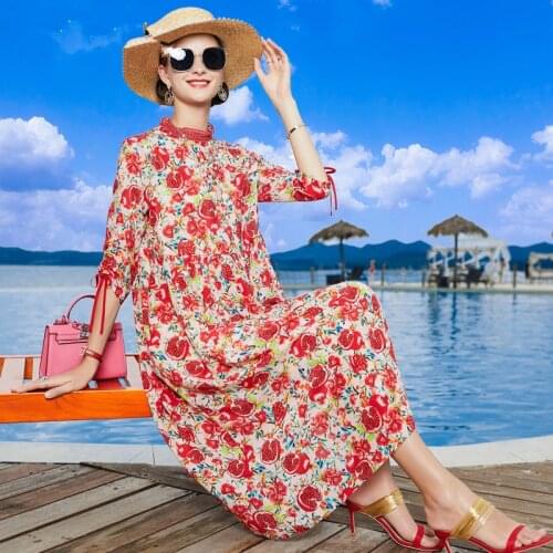 ZUOMAN 2021 New Spring Summer Red Women Dress Print Silk Womens Fashion Loose Flower Print Dress Plus Size 5XL Vestidos