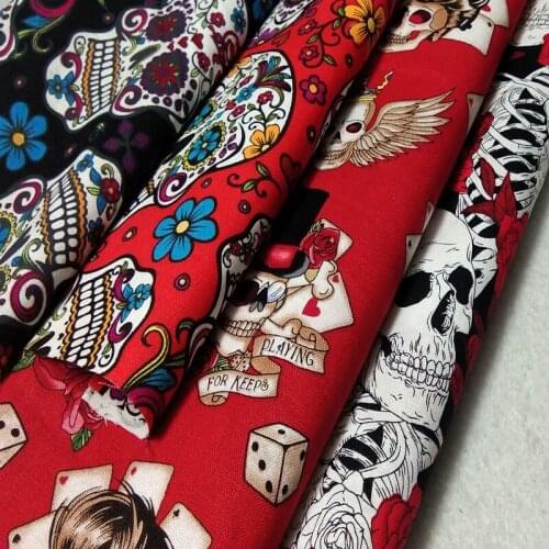 4pcs 24x25cm Pretty Halloween Flower Skull & Silver Thread Skull Pirate Printed Cotton Fabric Bundle DIY Sewing Patchwork Doll