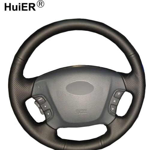 HuiER Hand Sewing Car Steering Wheel Cover Breathable Non-slip Black Leather For Kia Carens 2007-2011 Car Styling Car Accessorie