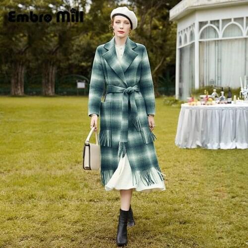 Double-Sided Plaid Wool Coat Female Autumn And Winter New street Style Pocket + Tassel Mid-Length Wool Coat S-XL