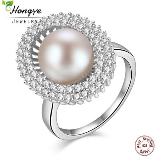 Hongye Real Pure 925 Sterling Silver Ring Natural Pearl CZ Stone Jewelry for Women Wedding Engagement Band Luxury Finger Ring