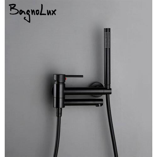 Bagnolux Brass Black Wall-Mounted Hot and Cold Mixed Type Bathtub Spout Hand Spray Shower Seat Bathroom Faucet
