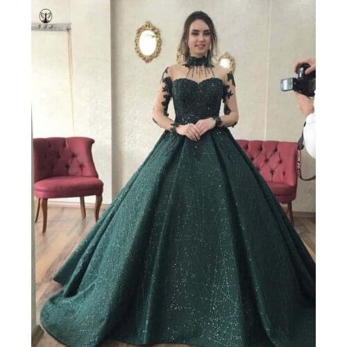 New Arrival Vestidos De Fiesta High Collar Appliqued Beaded Bling Bling Long Sleeve Pleated Ball Gown Dark Green Prom Dresses