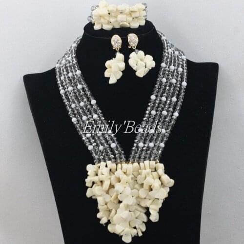 Grey Crystal Women Fashion Costume Jewelry Nigerian Wedding African Beads Jewelry Set White Coral Beads Set Free Shipping AIJ050