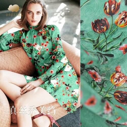 Silk Qiaomei Crepe Green Bouquet Silk Fabric Mulberry Silk Digital Printing Cloth Clothing Women 's Dress
