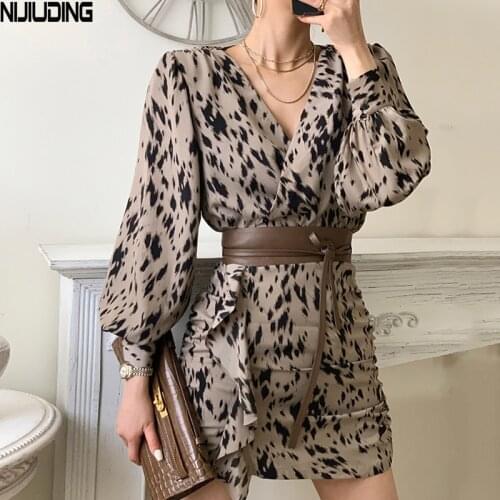 Chic Retro Leopard Printed Women Chiffon Dresses 2021 Spring Long Sleeve V-Neck Sexy Short Mini Dress With Belt Mujer Vestidos