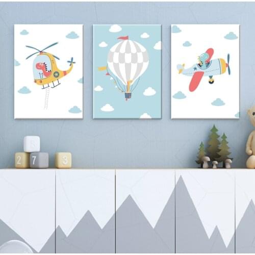 Nordic Nursery Helicopter Aircraft Print Cartoon Blue Hotair-Balloon Wall Art Colorful Canvas Painting for Baby Room Home Decor