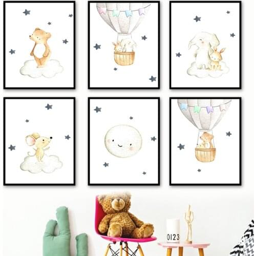 Elephant Bear Rabbit Moon Cloud Hot Air Balloon Wall Art Canvas Painting Nordic Posters And Prints Wall Pictures Kids Room Decor