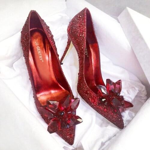 Cinderella Crystal Shoes 2018 New Pointed High Heels Fine With Rhinestone Wedding Shoes Red Bridal Shoes Wedding Shoes Women