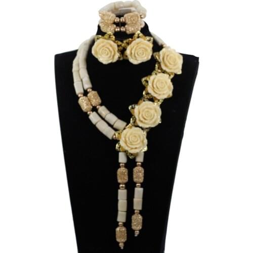 Amazing New White African Coral Bridal Jewelry Set for Women Gold Rose Flowers Chunky Statement Necklace Earrings Set CNR291