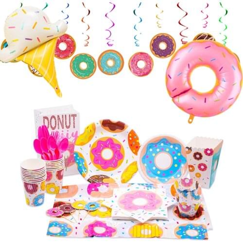 Doughnut Theme Party Disposable Tableware Plate Cup Baby Shower Kids Favor Birthday Decor Donut Cupcake Topper Ice Cream Balloon
