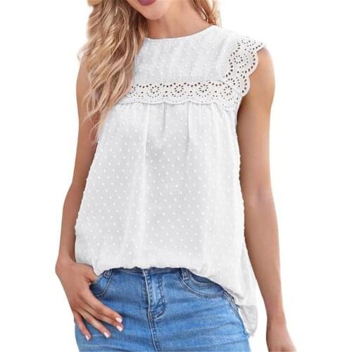 Summer New T-shirts Fashion Hook Flower Hollow Sleeveless Tops 2021 Ladies Chiffon Jacquard Hollow Lace Solid Color T-shirt Vest