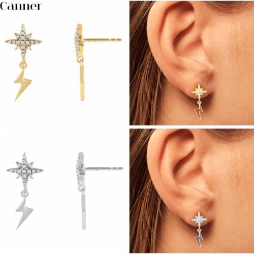 Real 925 Sterling Silver Minimalist Zircon Lightning Stud Earrings For Women Simple Charming Jewelry 2019 New Gift