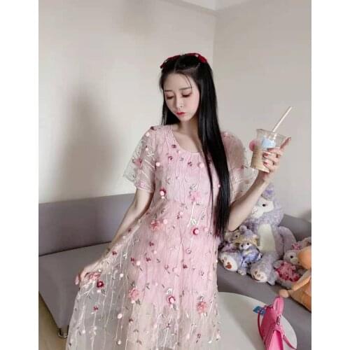 High Quality Mesh Embroidery Flowers Chic Beach Dress New 2021 Summer Heavy Embroidery Wool Ball Long Boho Dress