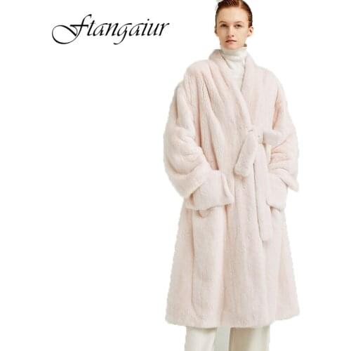 Ftangaiur 2020 Winter Import Purple Standard Velvet Mink Fur Coat Womens V-Neck With Sashes Long Natural Real Mink Fur Coats