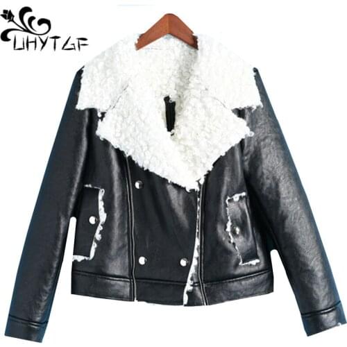 UHYTGF Imitation sheep shear winter leather jacket Womens lapel warm Casual women leather jacket chaquetas de cuero mujer 315