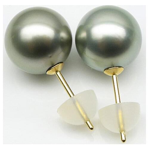 18K Yellow Gold Gray Green Tahitian Sea Cultured Pearl Stud Earrings 10-10.5MM