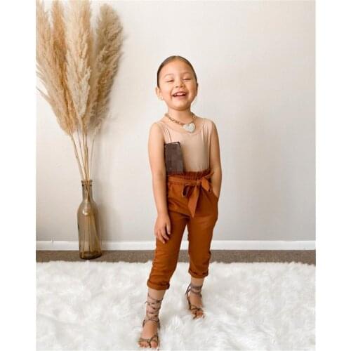 2Pcs Little Girls Outfit Toddlers Summer Solid Color Sleeveless Round Collar Vest + Brown Ninth Pants with Belt 1-6 Years