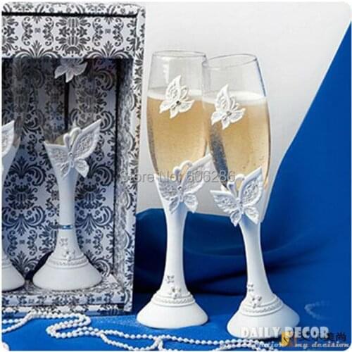 20pcs(10pairs)/LOT Butterfly wedding champagne cups bride and groom cup wedding wine glass goblet wedding supplies