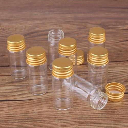 50pcs 10ml 22*50mm Small Glass Bottles Ink Perfume Bottles Tiny Jars Vials with Golden Aluminum Caps for Wedding Craft DIY