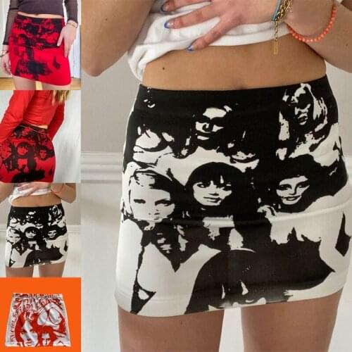 Women Summer Sexy Low Waist Bodycon Mini Pencil Skirt Goth Punk Harajuku Abstract Facial Portrait Print Streetwear