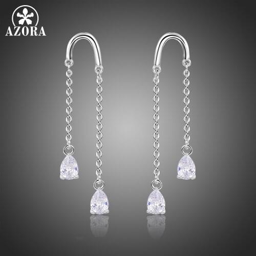 AZORA New White Gold Color U Shape with Two Pear Cut Clear Cubic Zirconia Dangle Earrings for Women Fashion Long Earrings TE0367