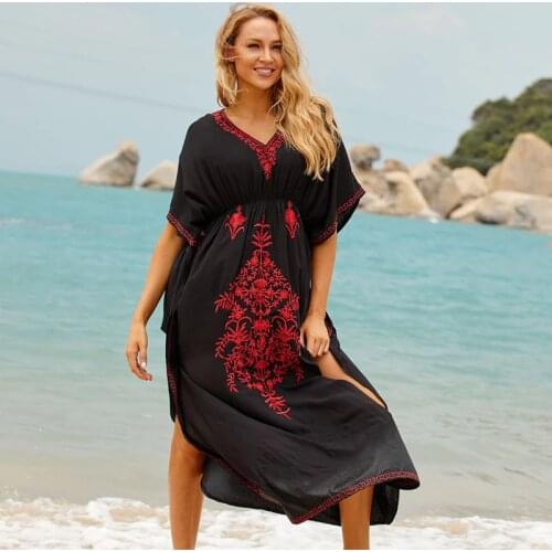 Black Cotton Beach Dress Red Embroidery Beach Cover up Sarong Beachwear 2021 Robe de Plage Swimsuit Cover up Beach Tunic Dress