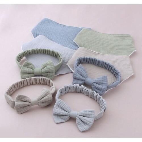 P31B Baby Elastic Bow Headband Feeding Drool Saliva Towel Kit Princess Bowknot Cotton Hair Band Solid Color Snap Button Bib